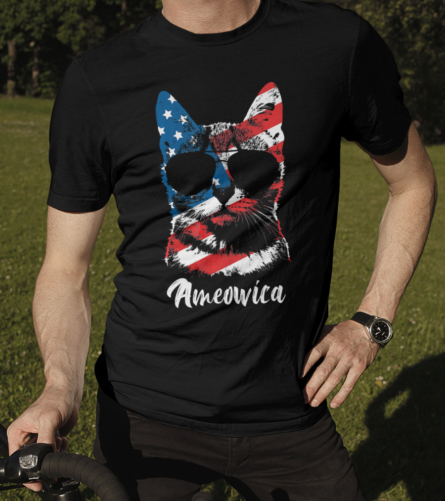 Ameowica Funny Cat Lover Patriotic Stars And Stripes Sunglasses T-Shirt