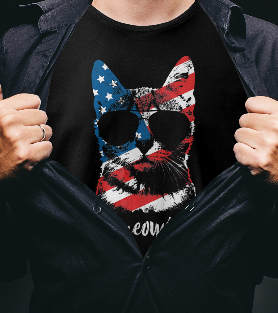 Ameowica Funny Cat Lover Patriotic Stars And Stripes Sunglasses T-Shirt
