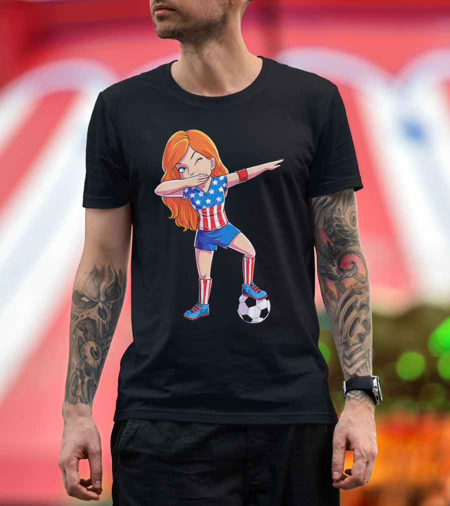 Dabbing Soccer Girl USA Flag Stars and Stripes Jersey T-Shirt