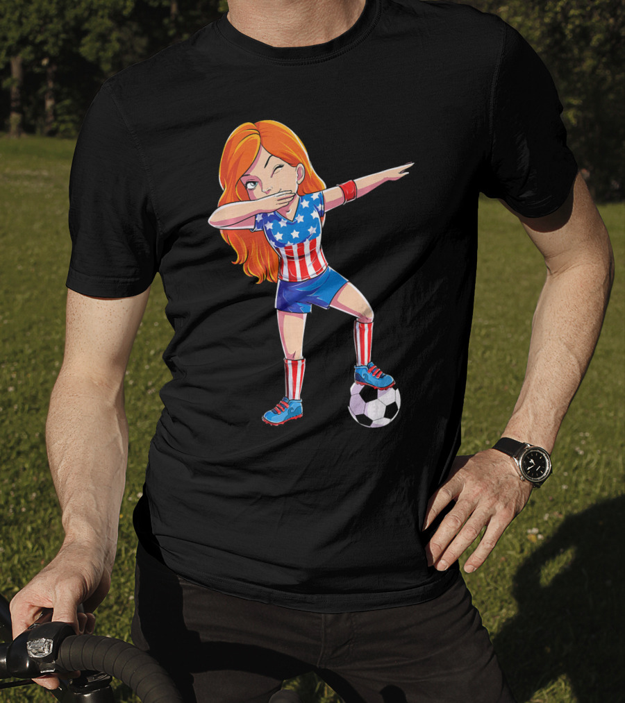 Dabbing Soccer Girl USA Flag Stars And Stripes Jersey T-Shirt