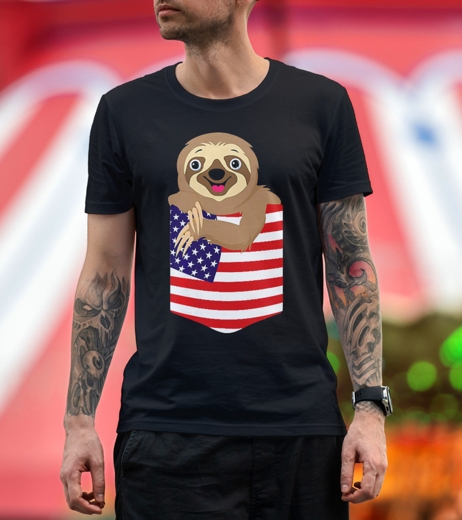 4th of July Funny Sloth Peekin' from American Flag Pocket T-Shirt