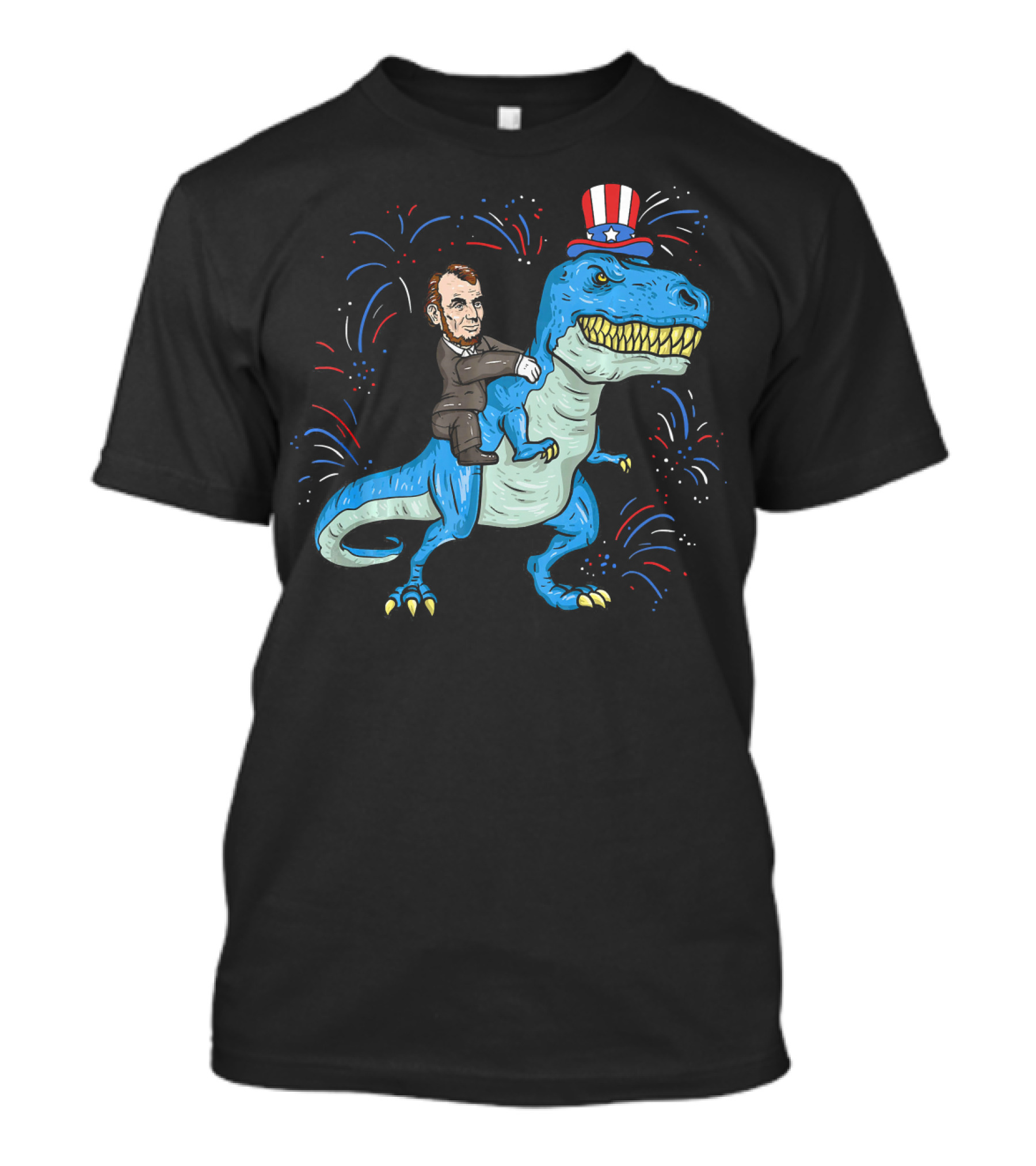 Abe Lincoln Patriotic Dinosaur Riding Fireworks Hat T-Shirt