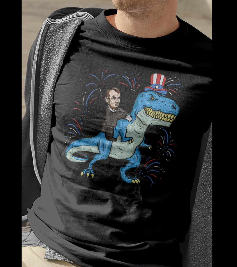 Abe Lincoln Patriotic Dinosaur Riding Fireworks Hat T-Shirt