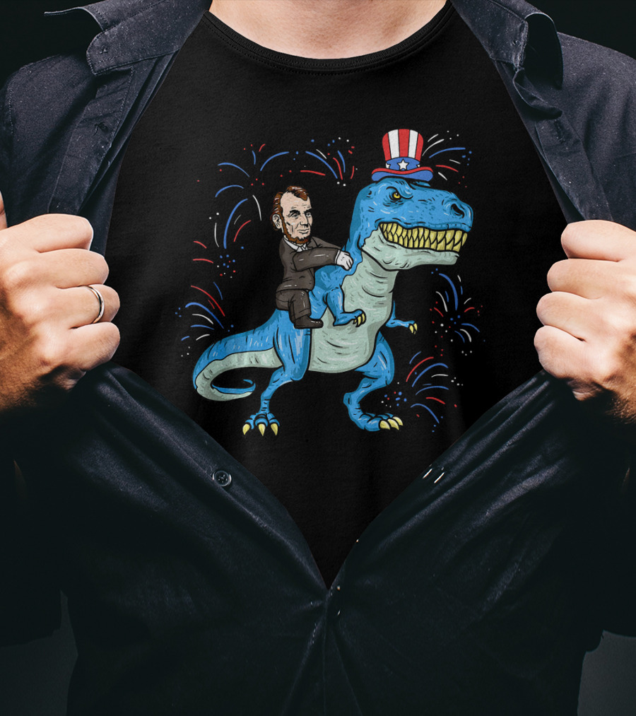 Abe Lincoln Patriotic Dinosaur Riding Fireworks Hat T-Shirt