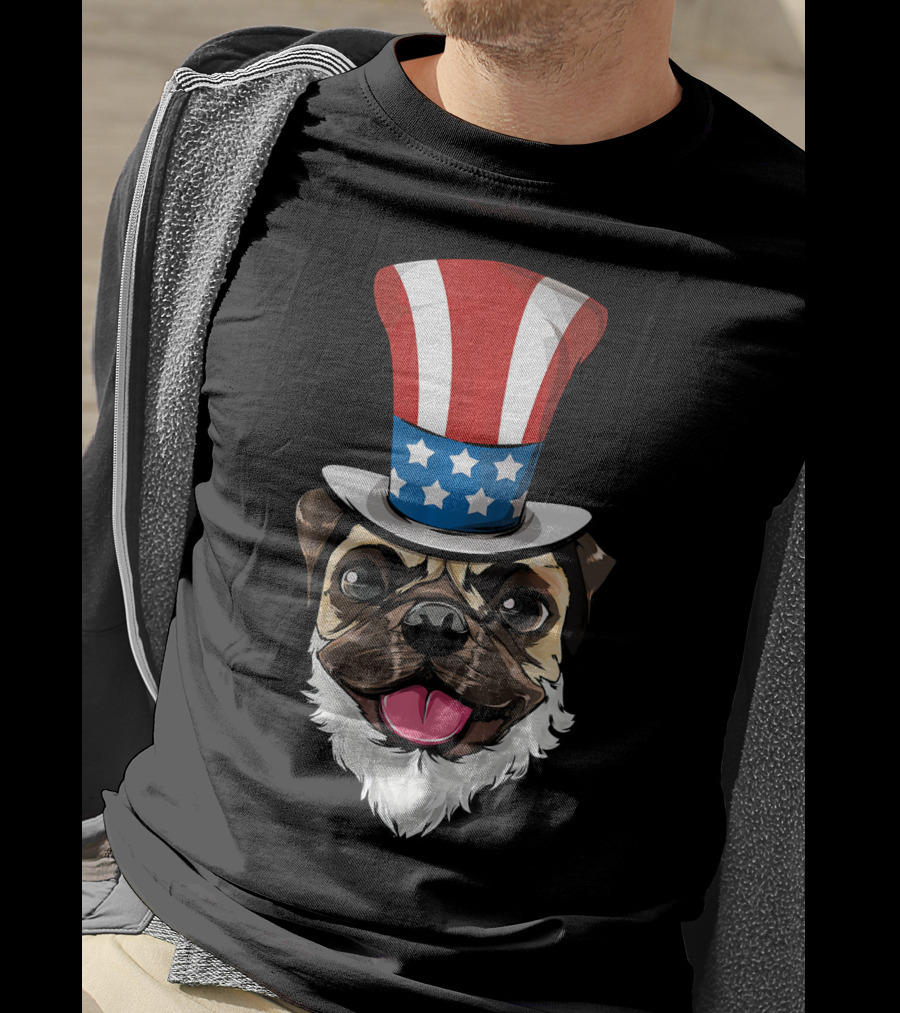 Pug Dog Wearing Uncle Sam Hat And Lincoln Beard T-Shirt