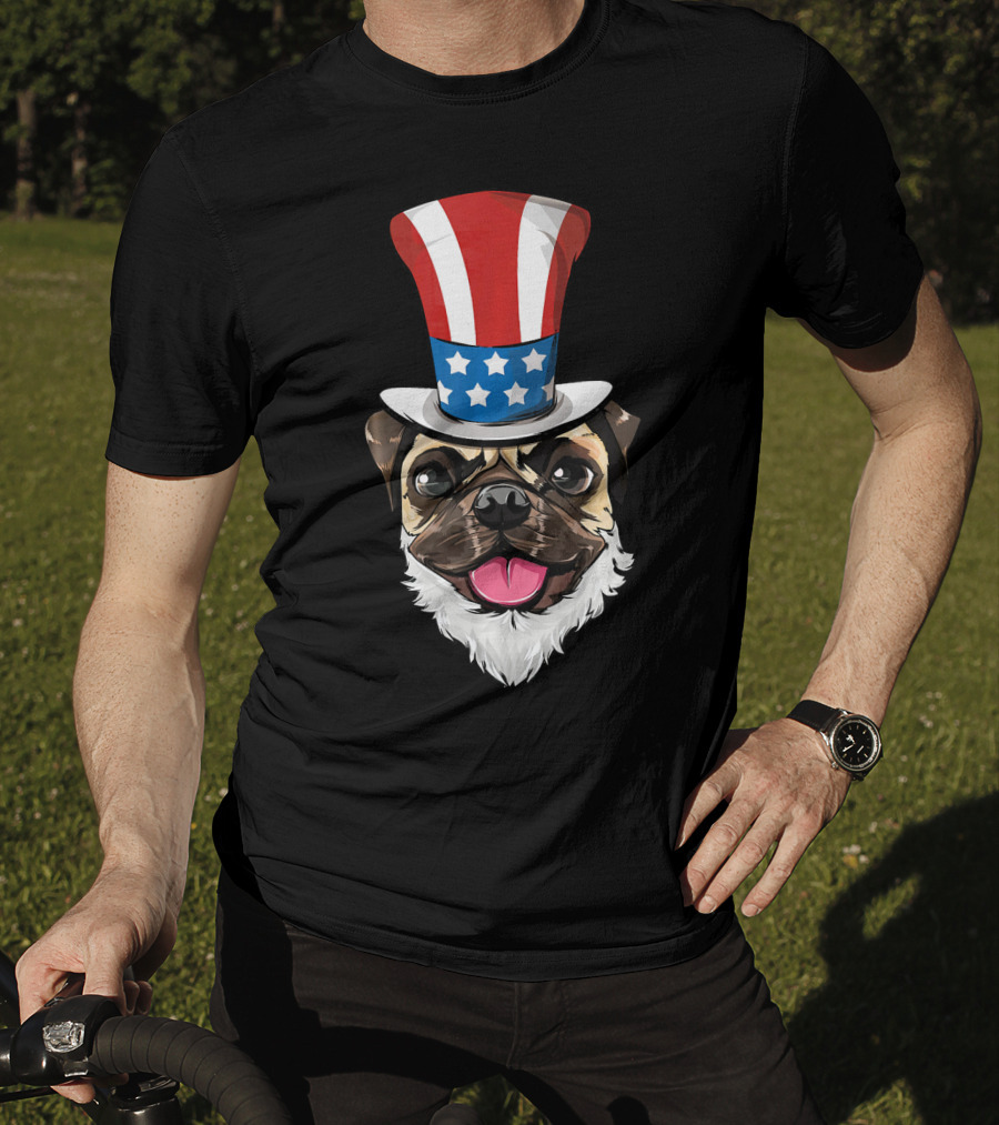 Pug Dog Wearing Uncle Sam Hat And Lincoln Beard T-Shirt