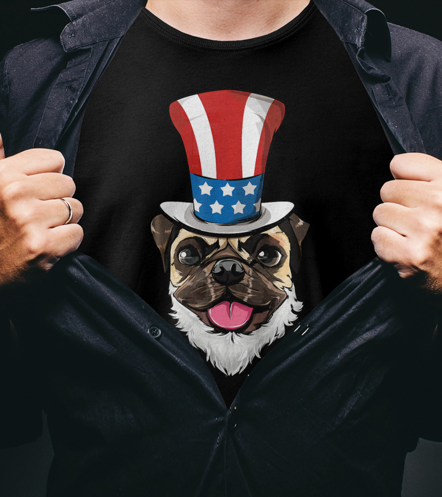 Pug Dog Wearing Uncle Sam Hat And Lincoln Beard T-Shirt