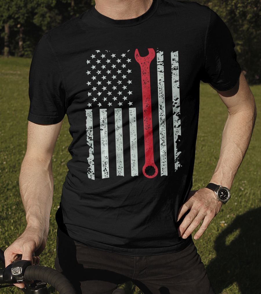 American Flag With Red Mechanic Wrench T-Shirt