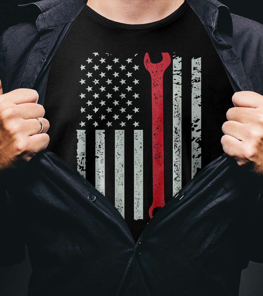 American Flag With Red Mechanic Wrench T-Shirt