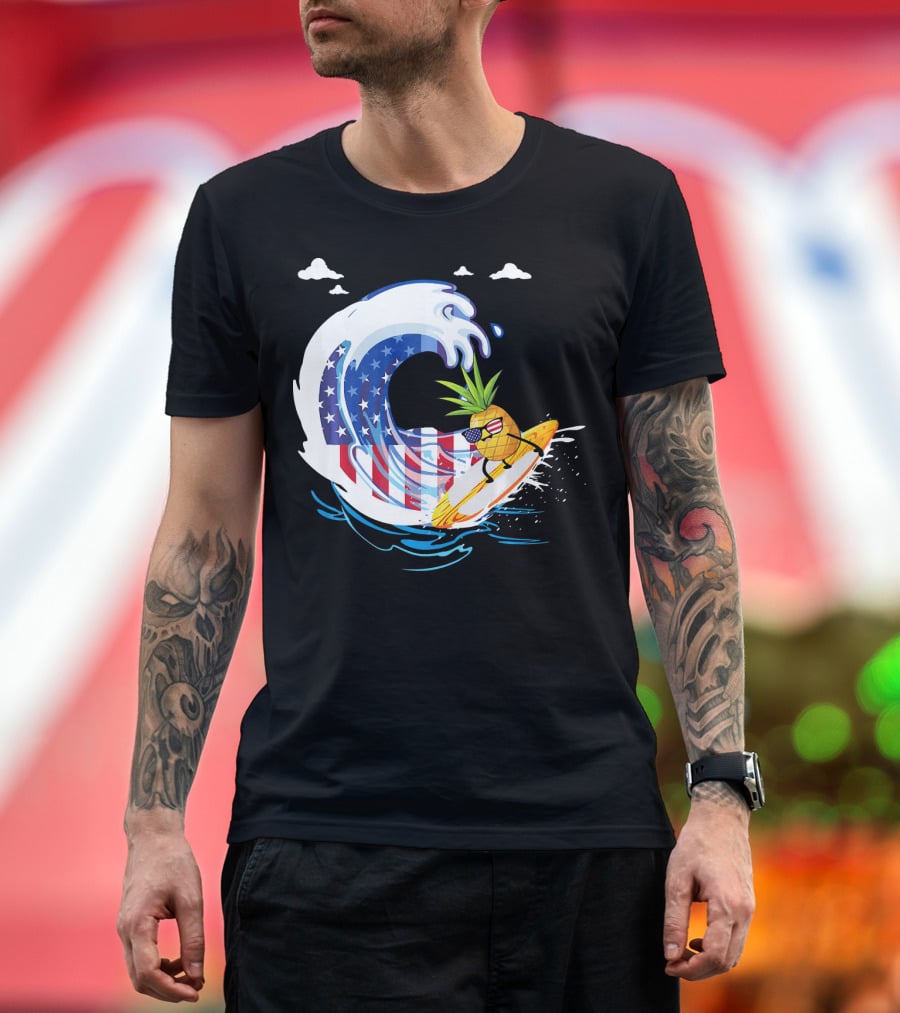 Pineapple Surfing American Flag Wave Hawaiian T-Shirt