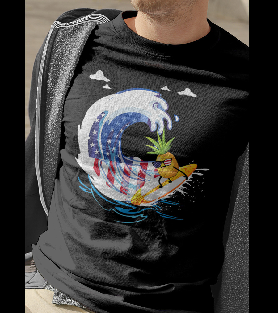 Pineapple Surfing American Flag Wave Hawaiian T-Shirt