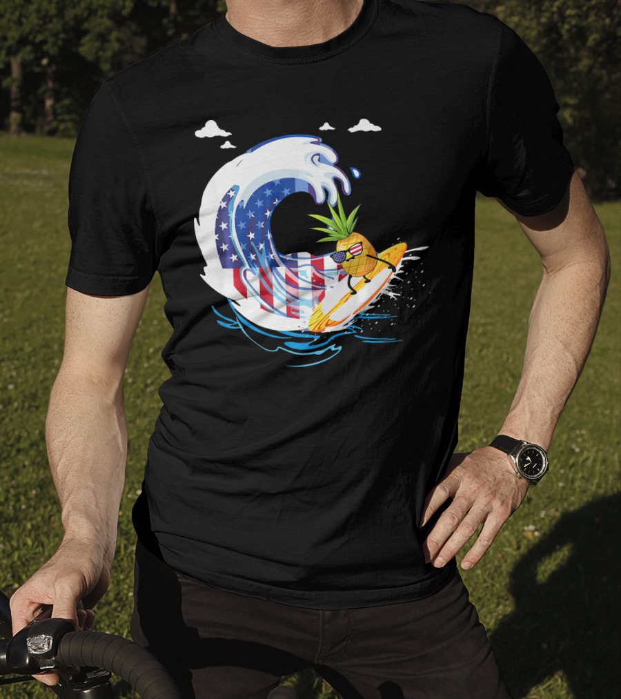 Pineapple Surfing American Flag Wave Hawaiian T-Shirt