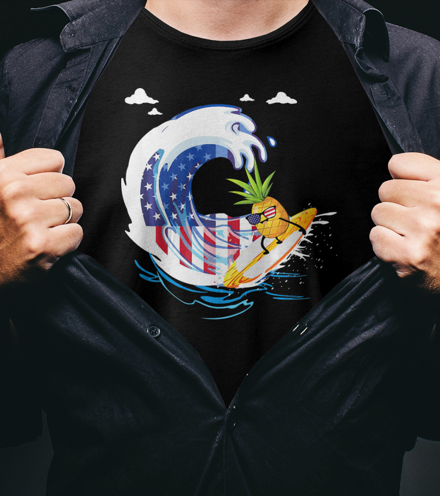 Pineapple Surfing American Flag Wave Hawaiian T-Shirt