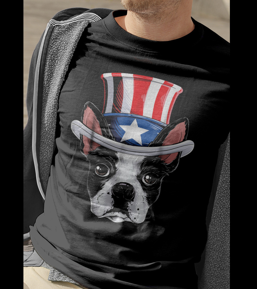 Boston Terrier Wearing Uncle Sam Hat With Star And Stripes T-Shirt