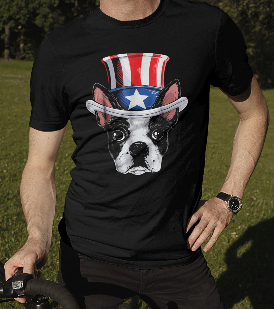 Boston Terrier Wearing Uncle Sam Hat With Star And Stripes T-Shirt