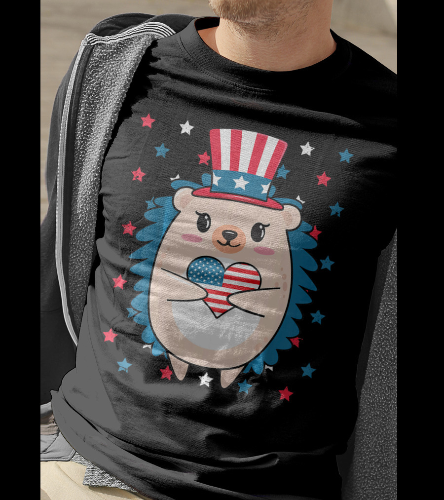 Hedgehog Patriotic Stars Uncle Sam Hat Holding USA Flag Heart T-Shirt