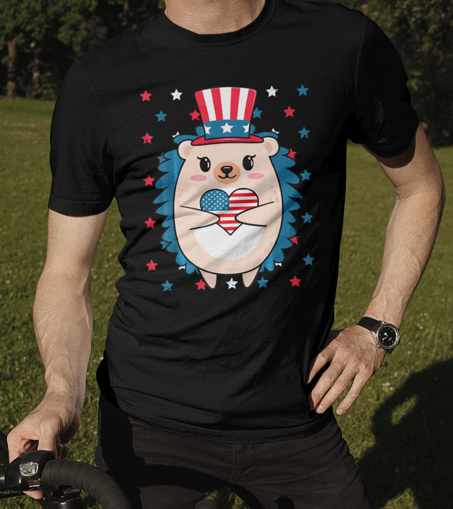 Hedgehog Patriotic Stars Uncle Sam Hat Holding USA Flag Heart T-Shirt