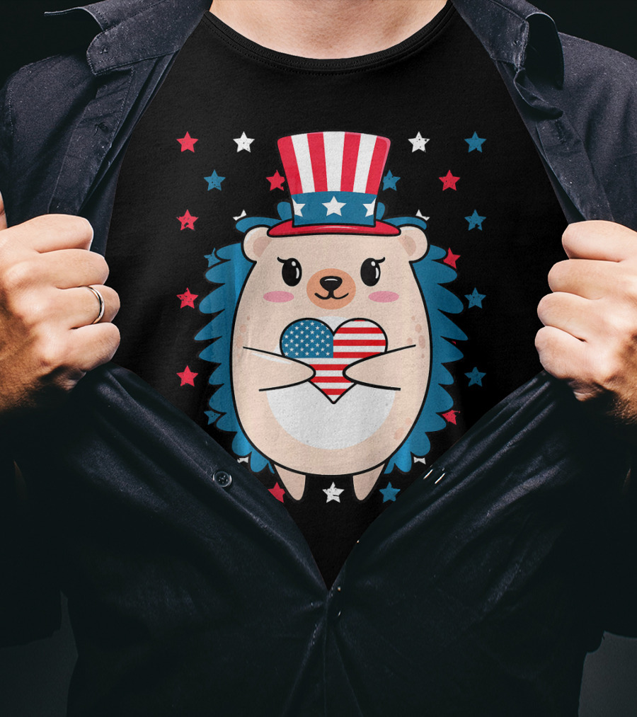 Hedgehog Patriotic Stars Uncle Sam Hat Holding USA Flag Heart T-Shirt