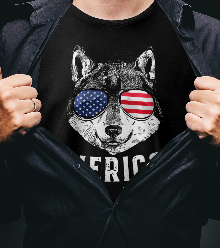 Patriotic Wolf American Flag Sunglasses 'Merica T-Shirt