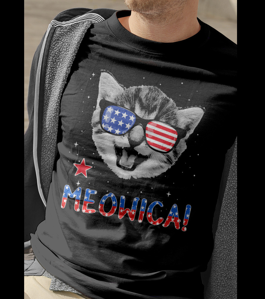 Meowica Cat With American Flag Glasses And Stars T-Shirt