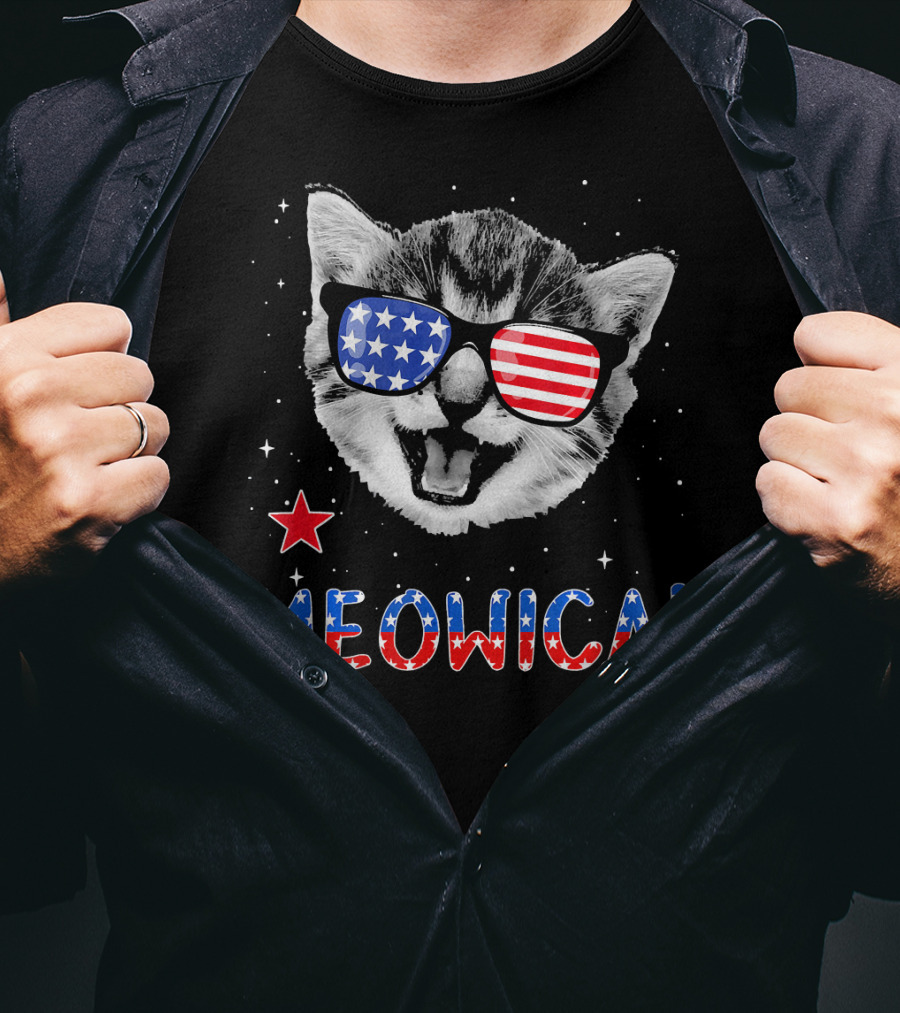 Meowica Cat With American Flag Glasses And Stars T-Shirt