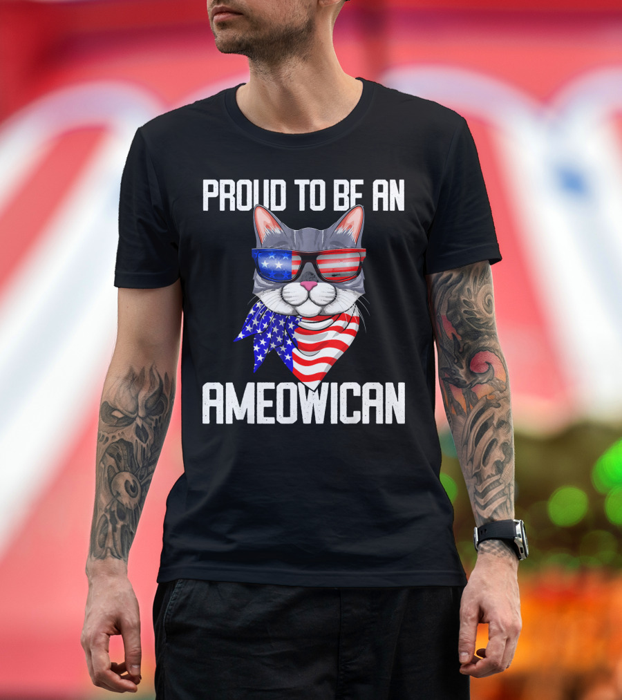 Proud To Be An Ameowican Cat With American Flag Glasses And Scarf T-Shirt