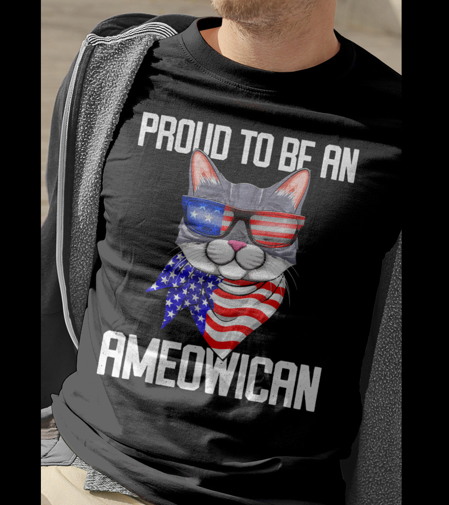 Proud To Be An Ameowican Cat With American Flag Glasses And Scarf T-Shirt