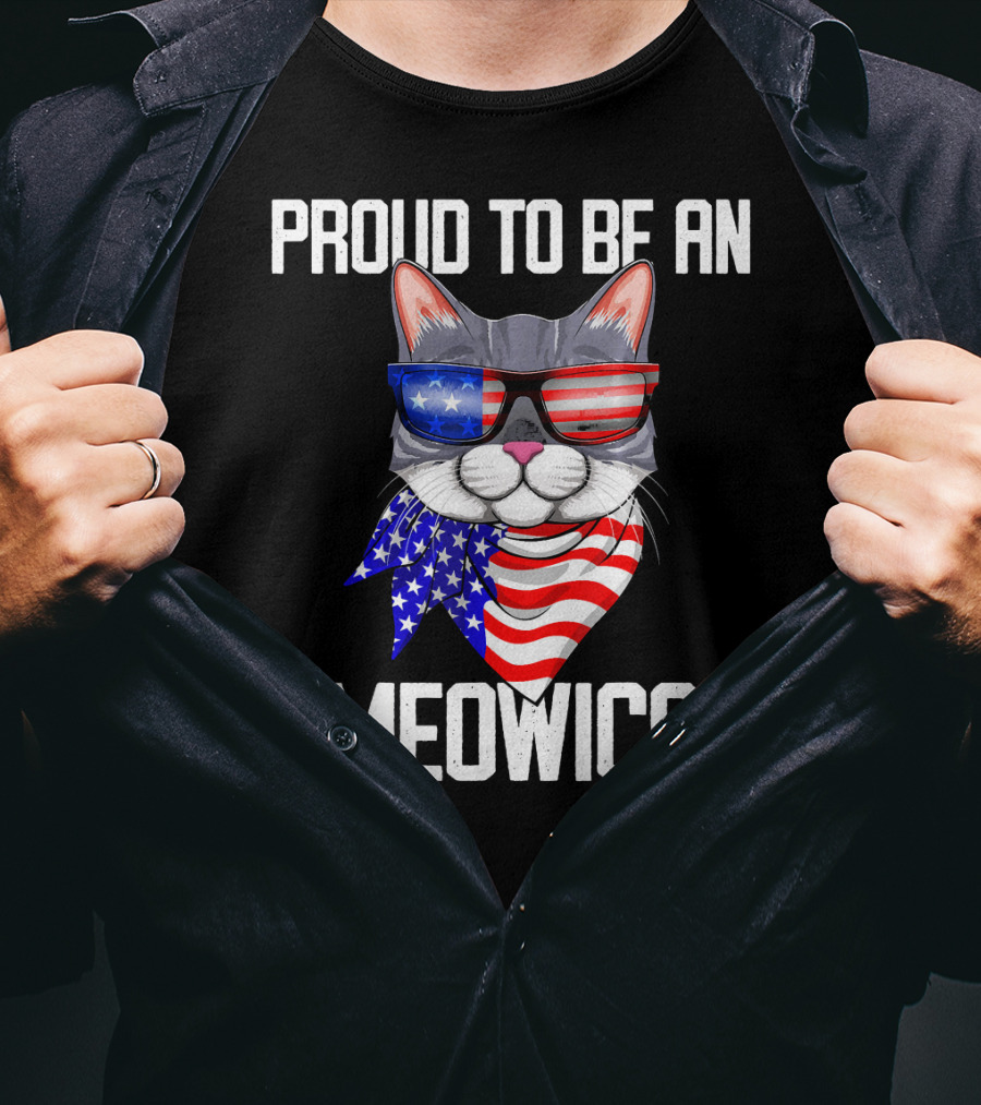 Proud To Be An Ameowican Cat With American Flag Glasses And Scarf T-Shirt