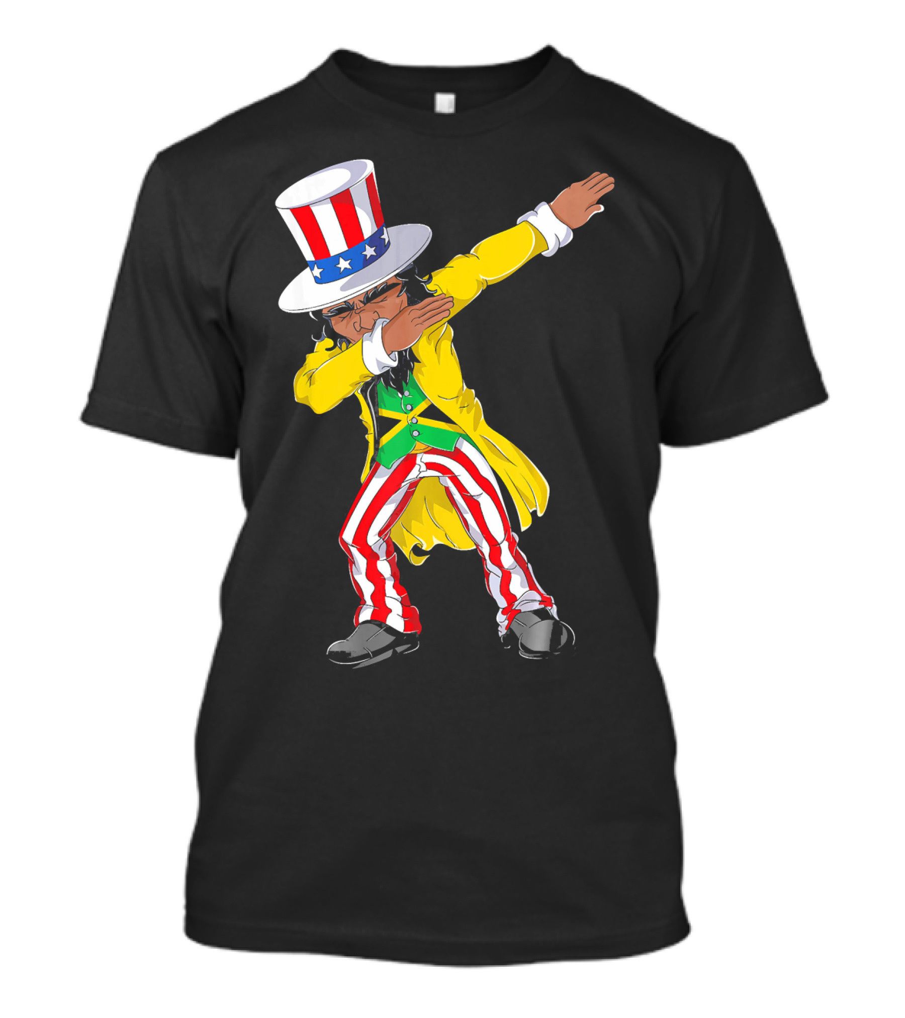 Uncle Sam Dabbing With Jamaican Flag And Red White Blue Hat In Yellow Coat T-Shirt