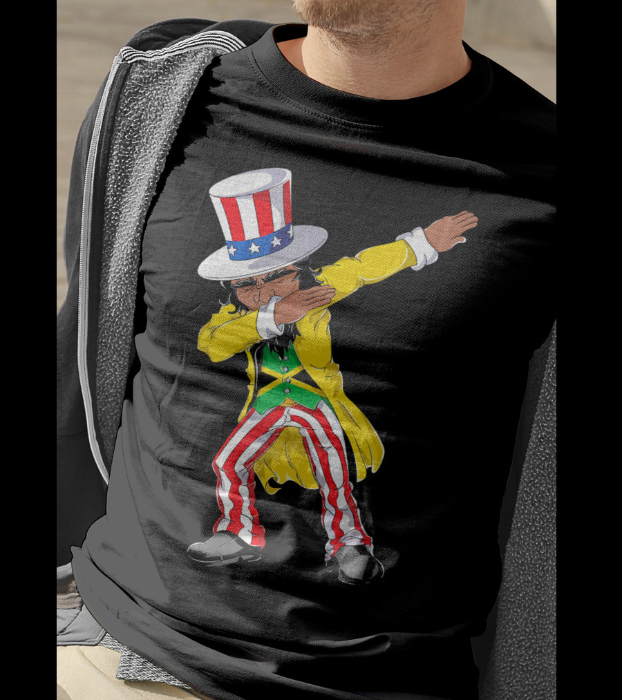 Uncle Sam Dabbing With Jamaican Flag And Red White Blue Hat In Yellow Coat T-Shirt