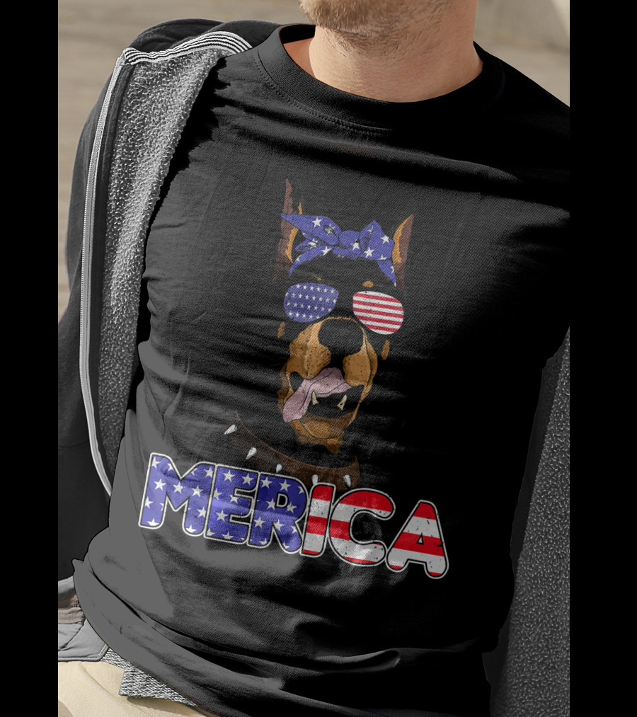 Patriotic Merica Doberman Pinscher With American Flag Bandana And Sunglasses T-Shirt