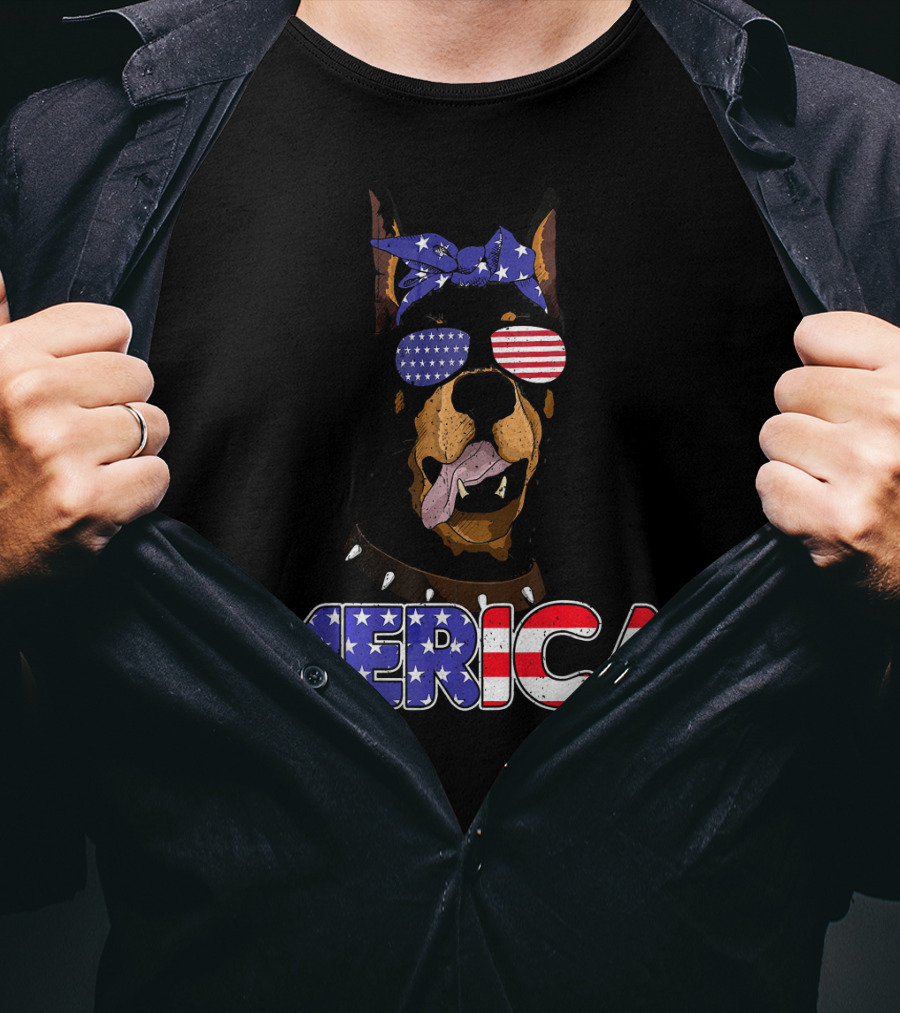 Patriotic Merica Doberman Pinscher With American Flag Bandana And Sunglasses T-Shirt