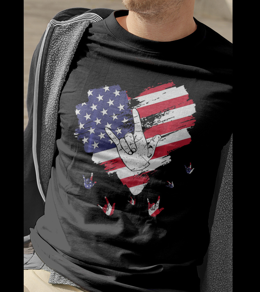 I Love You American Sign Language Hand Shape Heart With USA Flag Colors T-Shirt