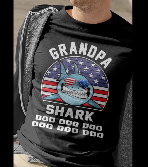 Grandpa Shark Doo Doo Doo American Flag Sunglasses T-Shirt