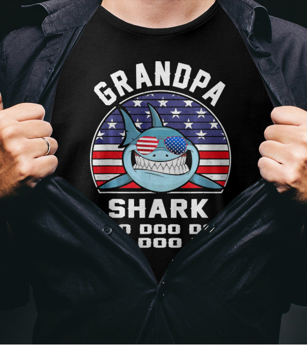 Grandpa Shark Doo Doo Doo American Flag Sunglasses T-Shirt