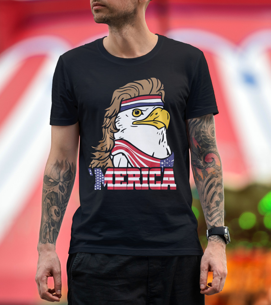 'Merica Bald Eagle Mullet Headband American Flag T-Shirt