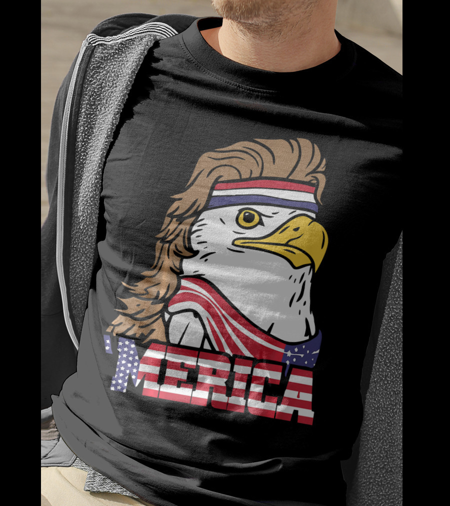 'Merica Bald Eagle Mullet Headband American Flag T-Shirt