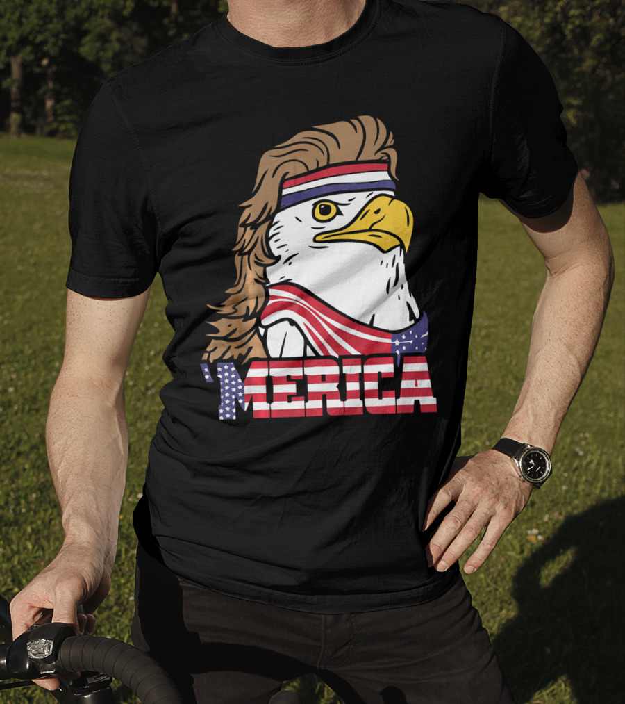 'Merica Bald Eagle Mullet Headband American Flag T-Shirt