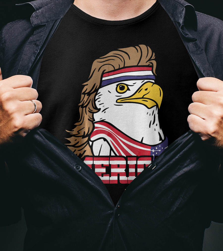 'Merica Bald Eagle Mullet Headband American Flag T-Shirt