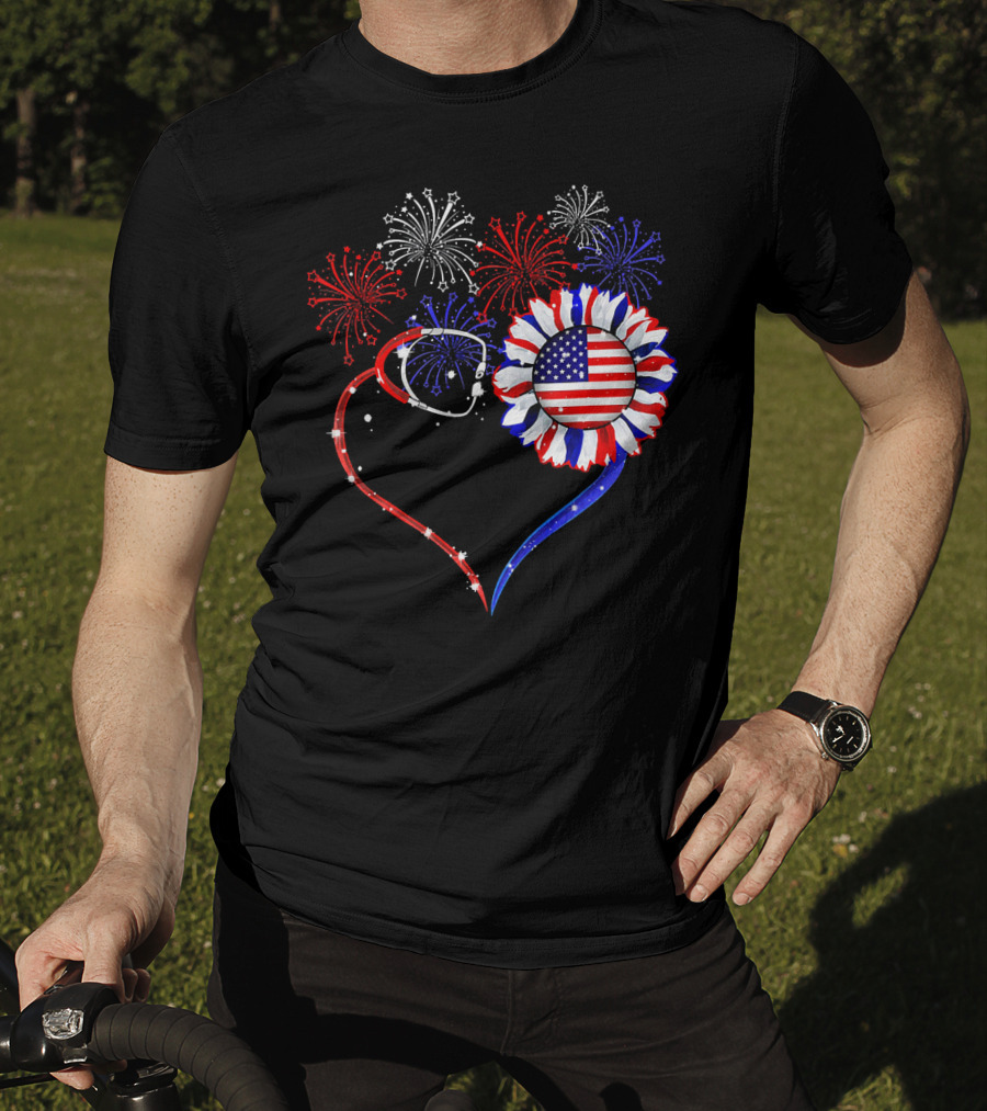 Nurse Heart Stethoscope Sunflower American Flag Fireworks T-Shirt