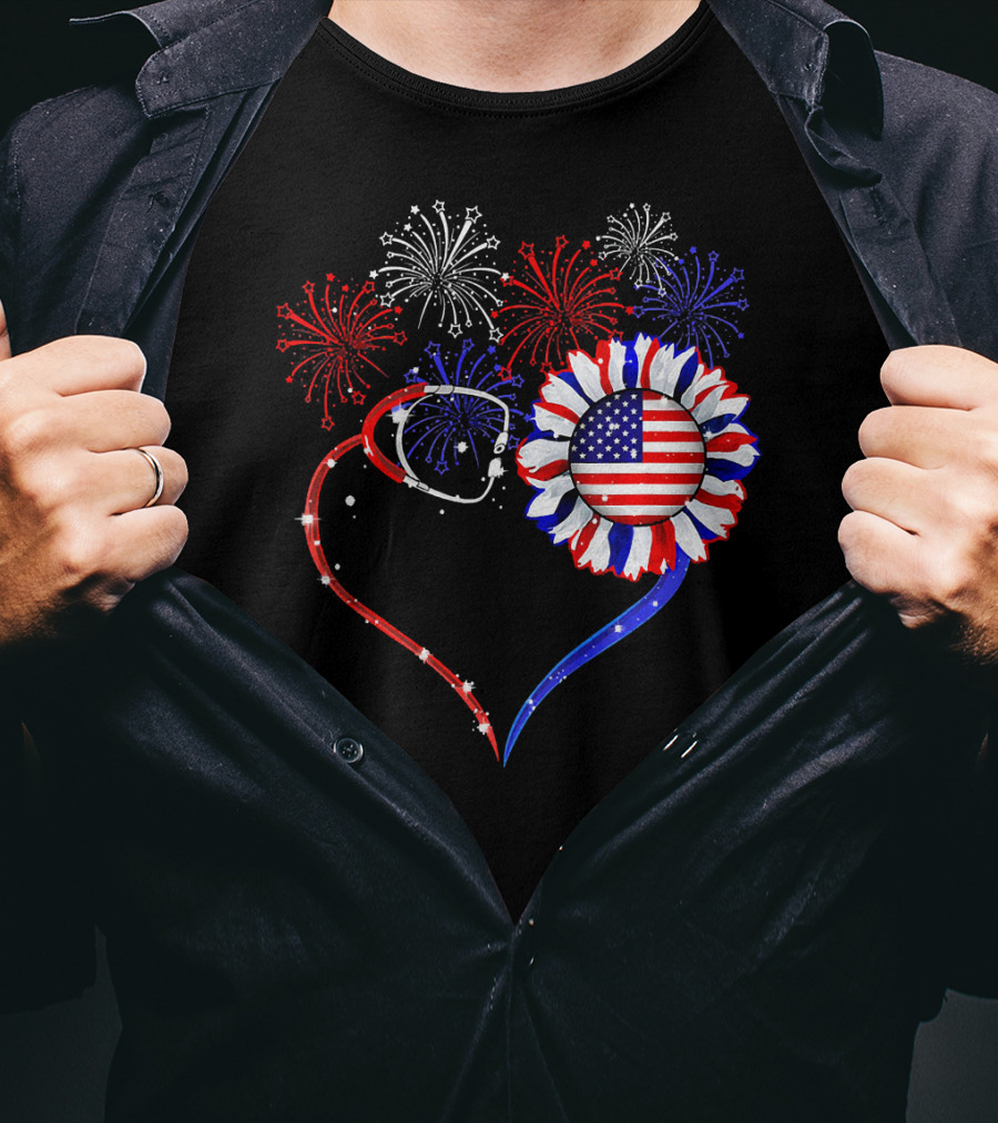 Nurse Heart Stethoscope Sunflower American Flag Fireworks T-Shirt