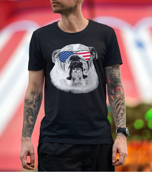 Premium T-Shirt: Patriotic Bulldog Dog Merica American Flag Sunglasses T-Shirt Patriotic Bulldog Dog Merica American Flag Sunglasses T-Shirt