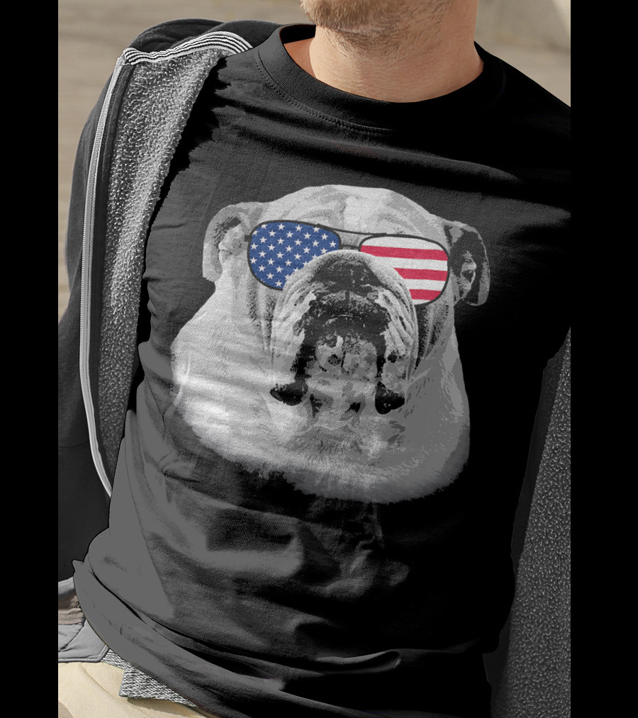 Patriotic Bulldog Dog Merica American Flag Sunglasses T-Shirt