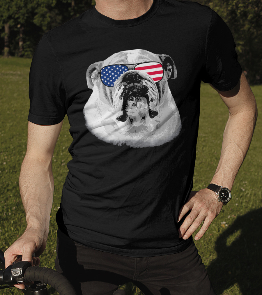 Patriotic Bulldog Dog Merica American Flag Sunglasses T-Shirt