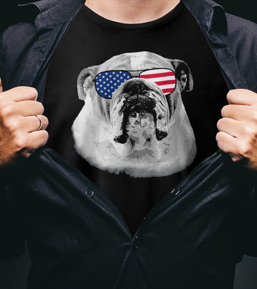 Patriotic Bulldog Dog Merica American Flag Sunglasses T-Shirt