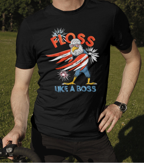 Floss Like A Boss Bald Eagle With Fireworks 4th Of July T-Shirt