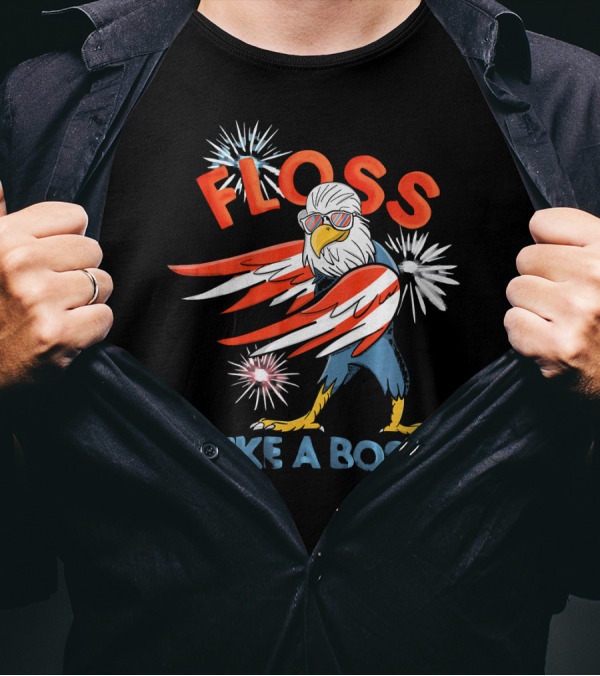 Floss Like A Boss Bald Eagle With Fireworks 4th Of July T-Shirt