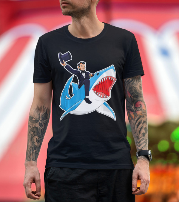 Premium T-Shirt: Abraham Lincoln Riding A Shark Waving Top Hat Adventure T-Shirt Abraham Lincoln Riding A Shark Waving Top Hat Adventure T-Shirt