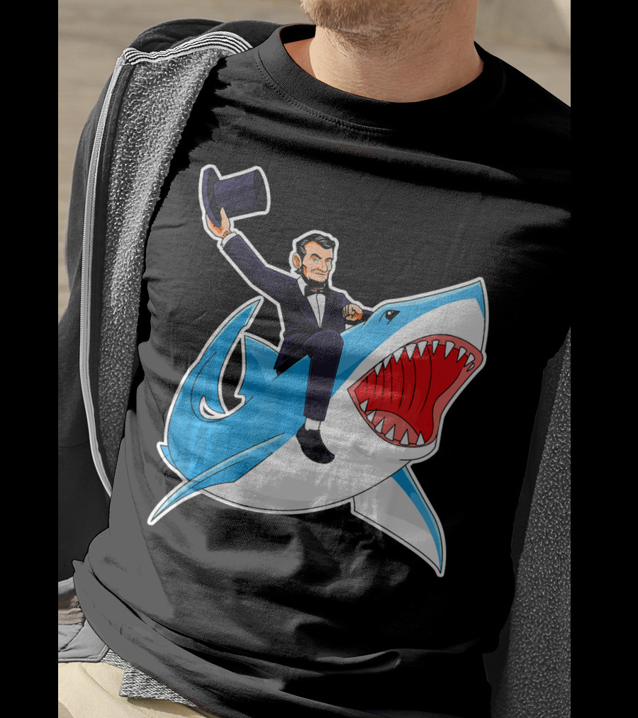 Abraham Lincoln Riding A Shark Waving Top Hat Adventure T-Shirt