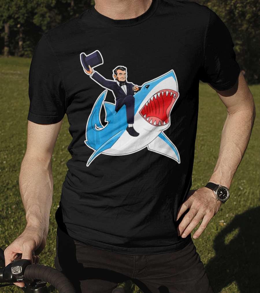 Abraham Lincoln Riding A Shark Waving Top Hat Adventure T-Shirt